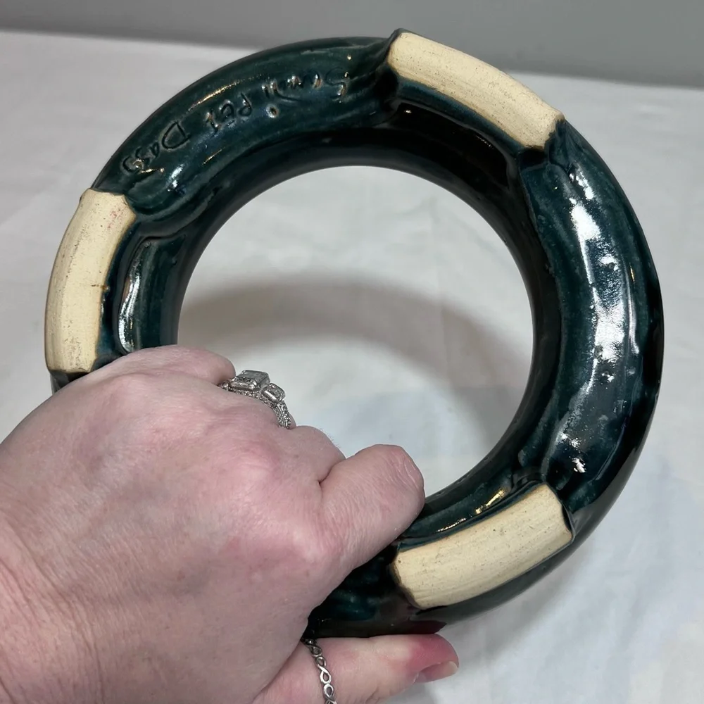 Handmade Japanese ikebana green ceramic ring floral vase